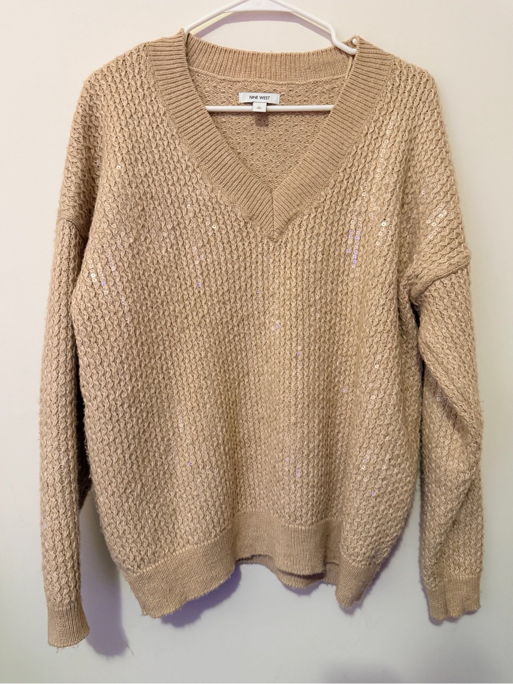 Nine West Beige V-Neck Sequin Knit Sweater